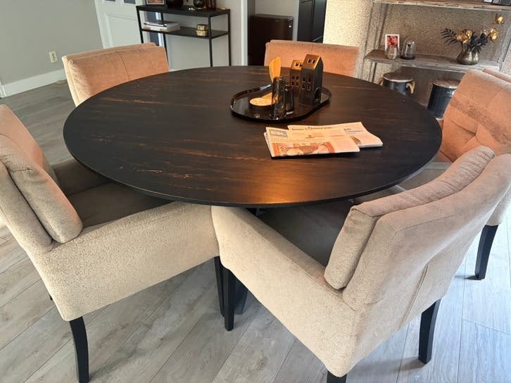 Eetkamertafel 150 cm massief eiken, Ophalen, Zo goed als nieuw, Rond, 100 tot 150 cm