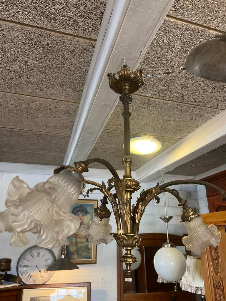 Antieke Bronzen Kroonluchter met 5 Lichtpunten en Bajonetfit, Antiek, Gebruikt, De doofpot, Ophalen of Verzenden