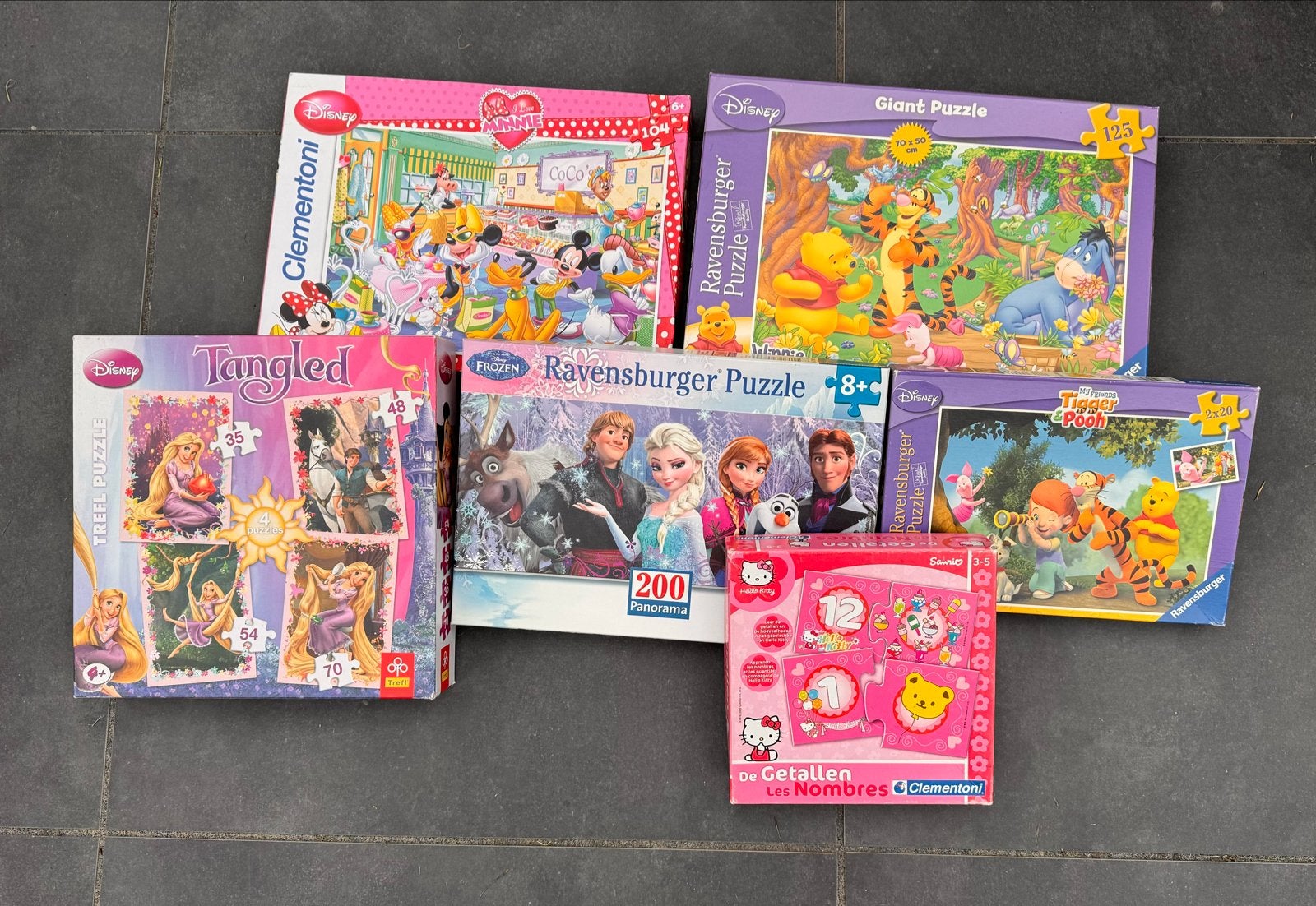 Puzzelset Winnie de Poeh, Frozen, Rapunzel, Disney, Kinderen en Baby's, Speelgoed | Kinderpuzzels, Gebruikt, 2 tot 4 jaar, Meer dan 50 stukjes