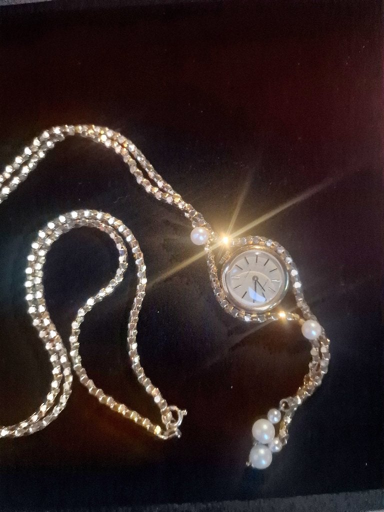Vintage Chamon kettinghorloge 835 zilver verguld met parels, Overige merken, Zakhorloge, Gebruikt, Verzenden