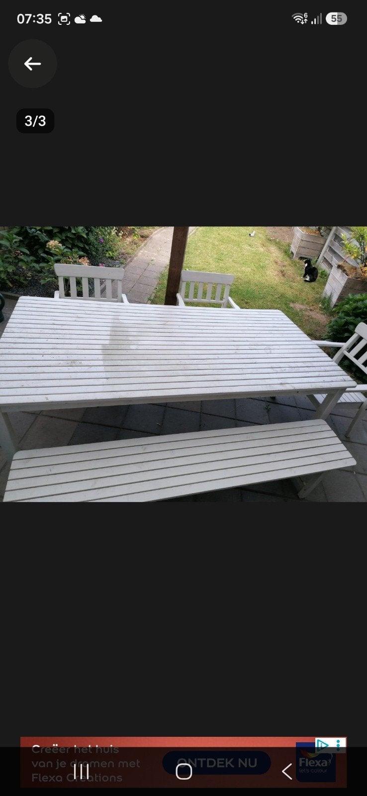 Witte houten tuinset met bank en stoelen, Tuin en Terras, Tuinsets en Loungesets, Ophalen, 4 zitplaatsen, Gebruikt, Bank