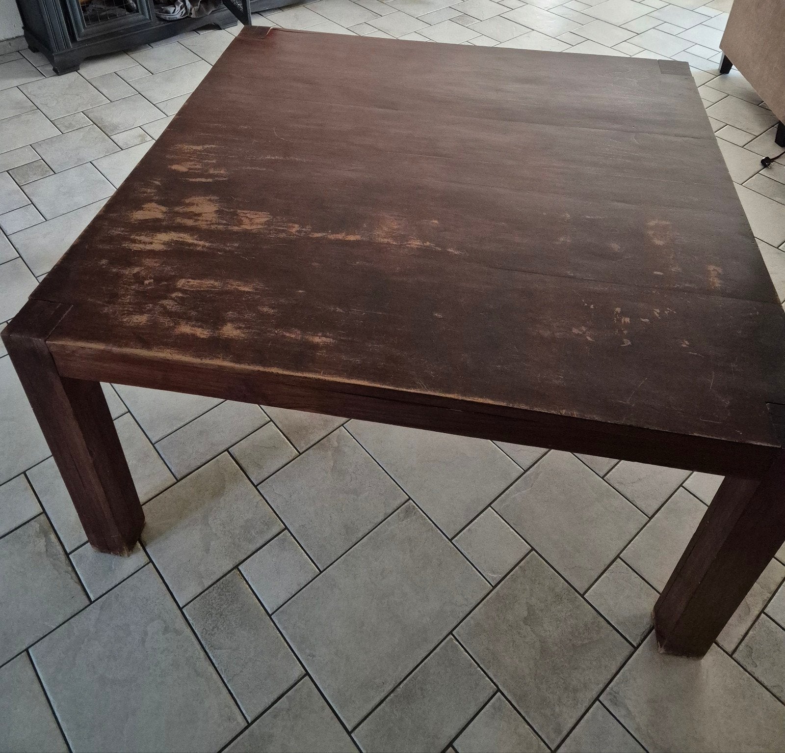 Teakhouten vierkante eettafel 150x150 cm, Ophalen, Gebruikt, Vijf personen of meer, 100 tot 150 cm
