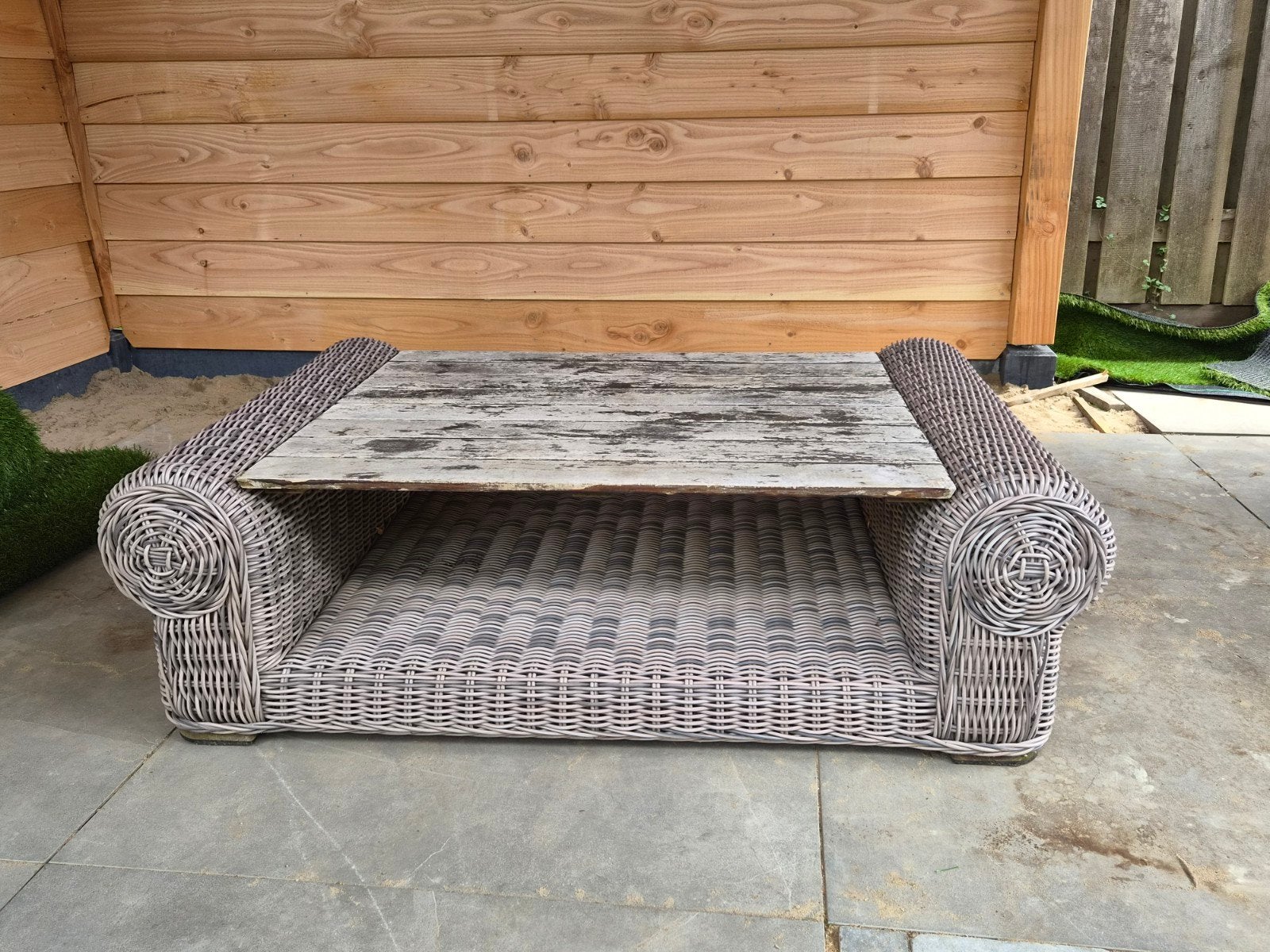 Tuintafel 130x85x40 met houten blad, Tuin en Terras, Tuintafels, Ophalen, Gebruikt, Rechthoekig, Wicker