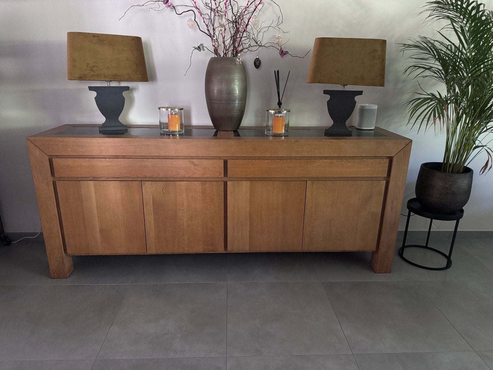 Eikenhouten dressoir met marmeren platen, Huis en Inrichting, Kasten | Dressoirs, Gebruikt, 200 cm of meer, 25 tot 50 cm, Met lade(s)