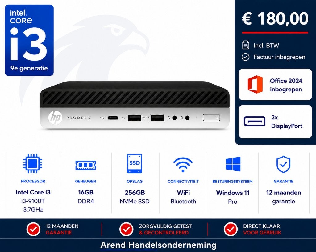 HP Prodesk 600 G5 i3-9100T 3.7GHZ 16GB 255GB NVMe office 24, I3-9100T, Hp, 256 GB, HP