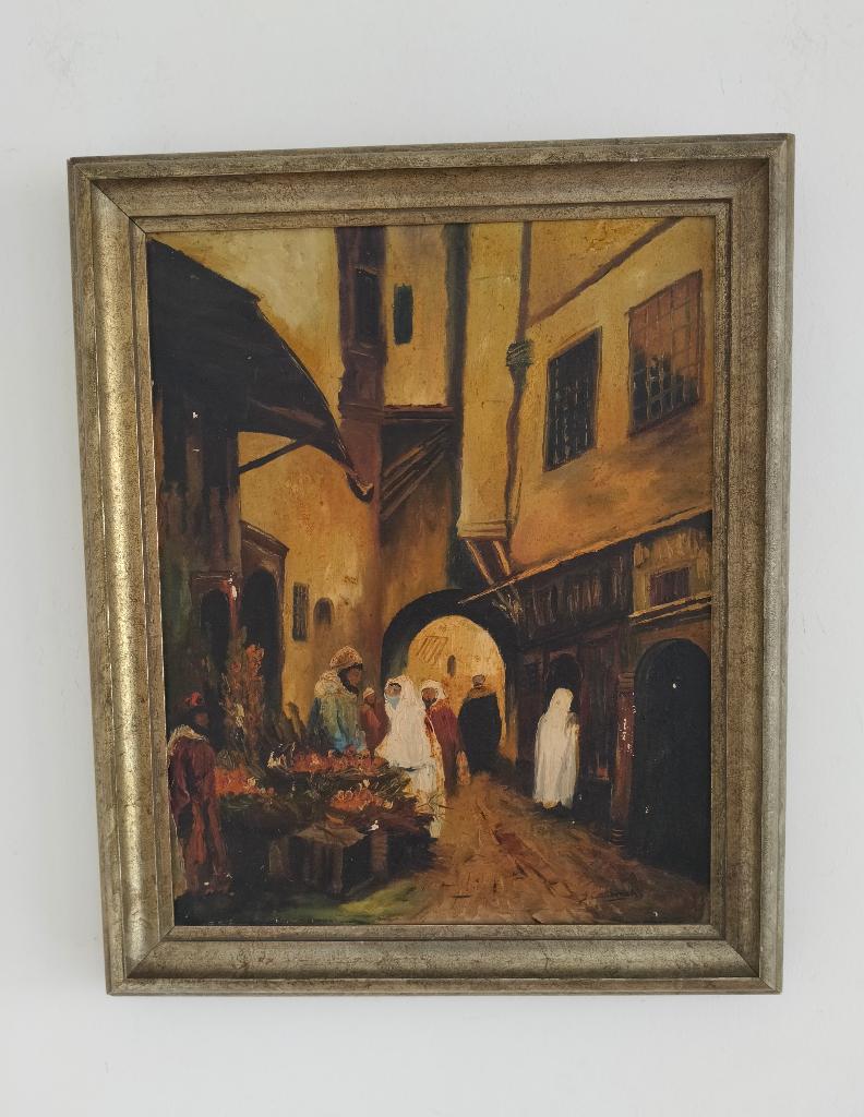 Olieverf op doek straatje Marokko, Antiek en Kunst, Kunst | Schilderijen | Klassiek, Ophalen of Verzenden