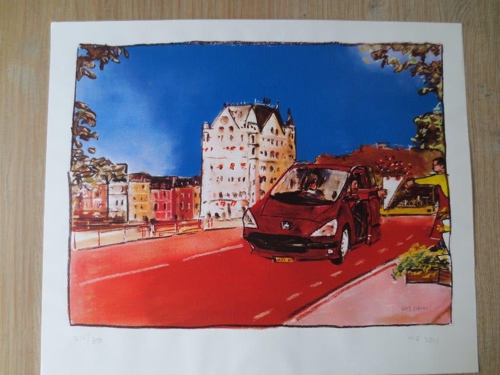 Poster / Aquarel - Peugeot 1007  Genummerd 216 - Oplage 350, Antiek en Kunst, Kunst | Schilderijen | Klassiek, Ophalen of Verzenden