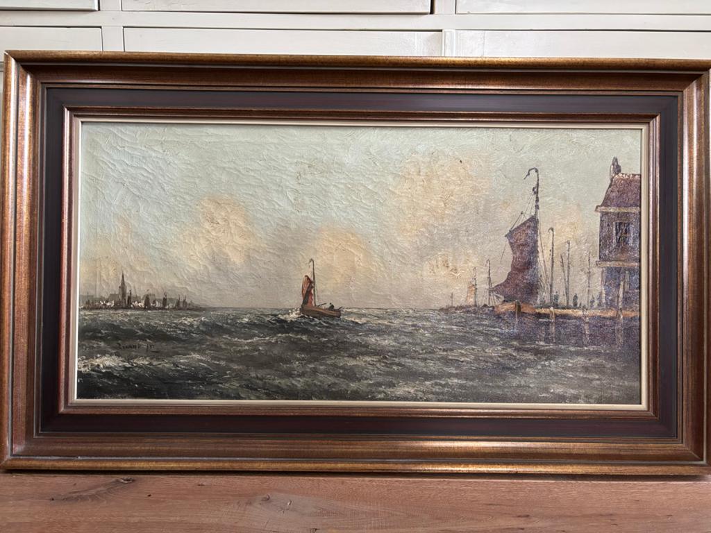 Olieverfschilderij 'Zeegezicht met zeilboten', Ophalen