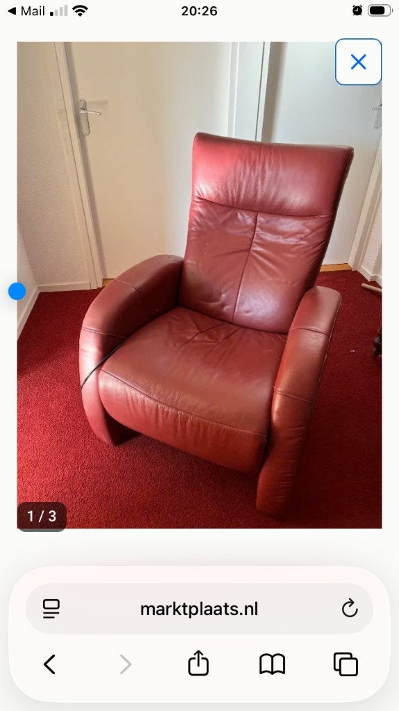 Gratis heerlijke roodleren relax stoel, Ophalen, Gebruikt, 50 tot 75 cm, Leer