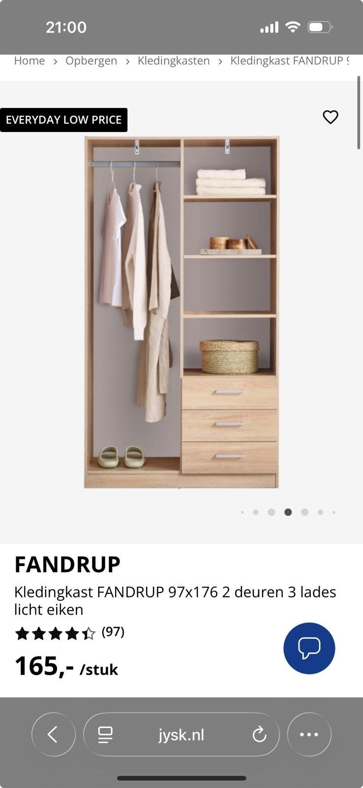 Nieuwe JYSK Fandrup kledingkast lichteiken (97x176), Ophalen, Nieuw, 50 tot 100 cm, 150 tot 200 cm