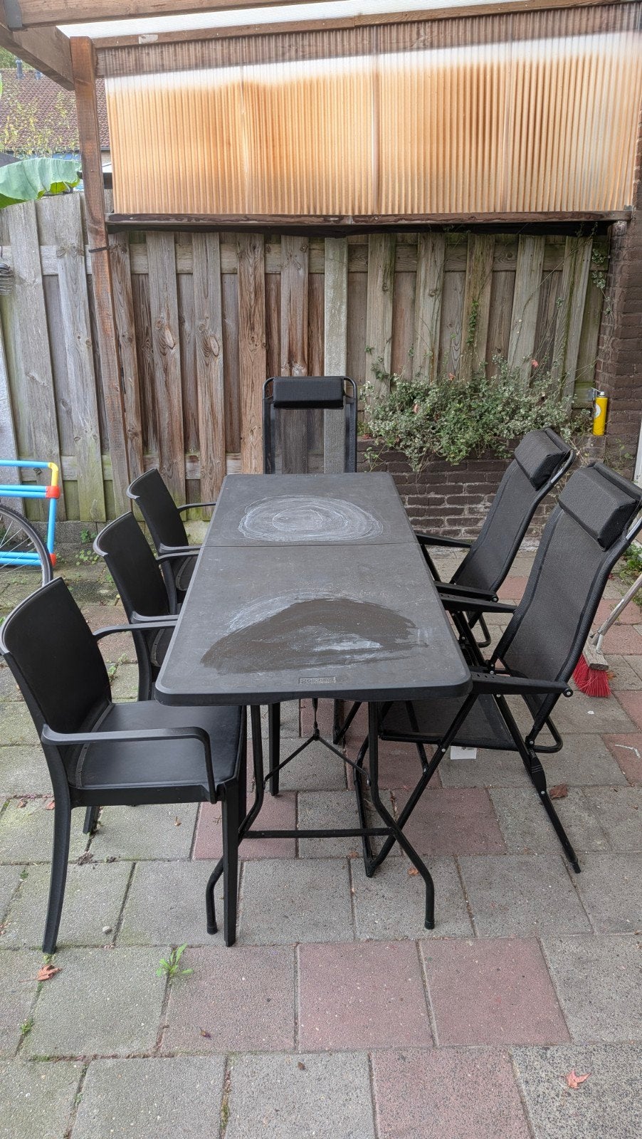 Tuinset met opvouwbare tafel en 6 stoelen, Tuin en Terras, Ophalen, Overige materialen, Gebruikt, 6 zitplaatsen