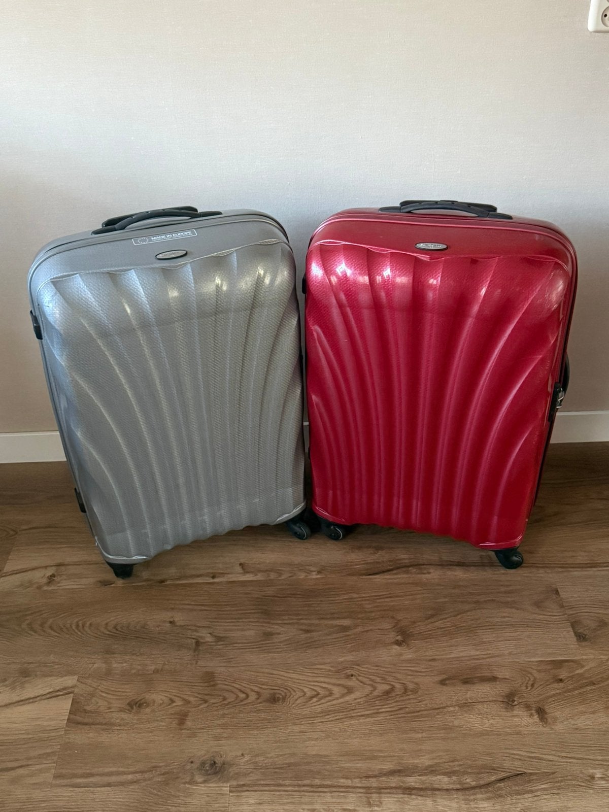 2 Samsonite C-lite spinner 75 cm (zilver en rood), Gebruikt, Hard kunststof, 45 tot 55 cm, 70 cm of meer