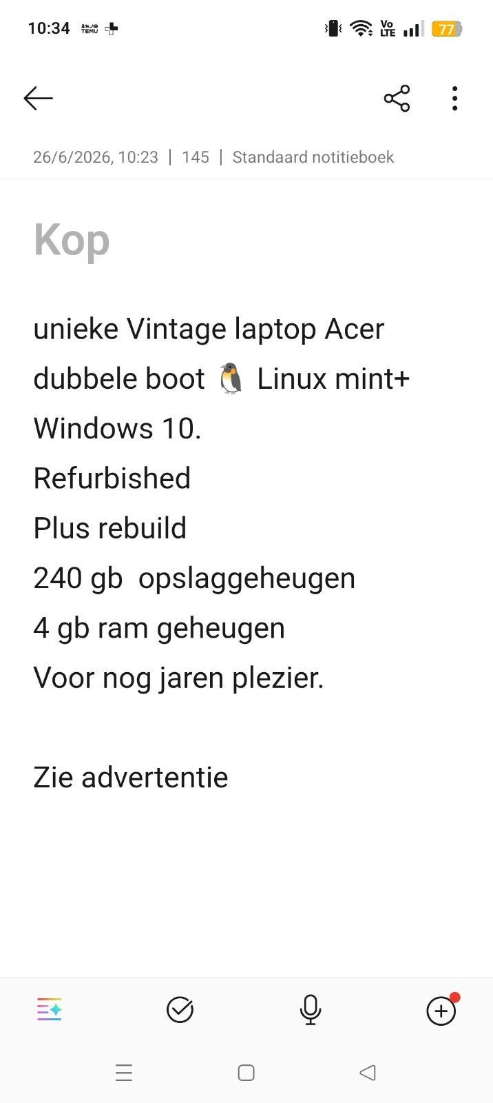 Vintage  Refurbished Acer 2x boot Linux mint+ Window 10, Computers en Software, Vintage Computers, Ophalen, Acer Extensa