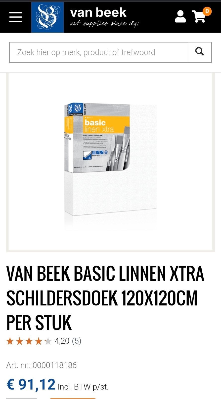 Schildersdoek linnen 120x120cm - Van Beek Basic Linnen Xtra, Ophalen, Nieuw, Doek