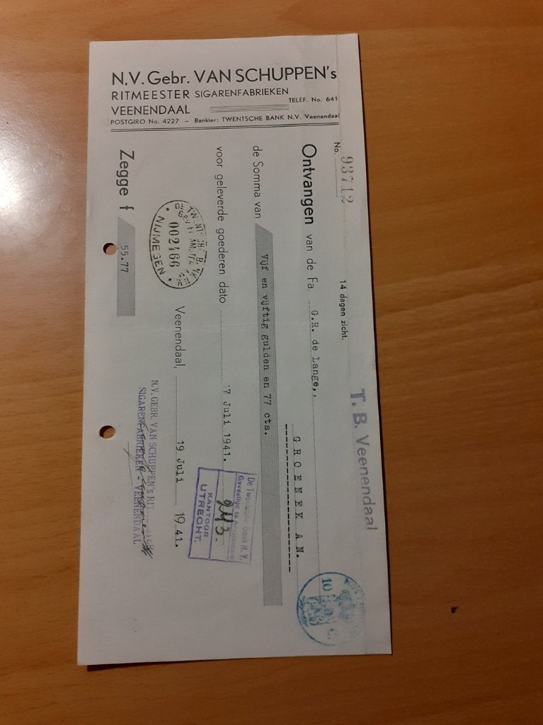 Ritmeester sigarenfabriek Veenendaal v. Schuppen wissel 1941, Ophalen of Verzenden, Zo goed als nieuw, Overige typen