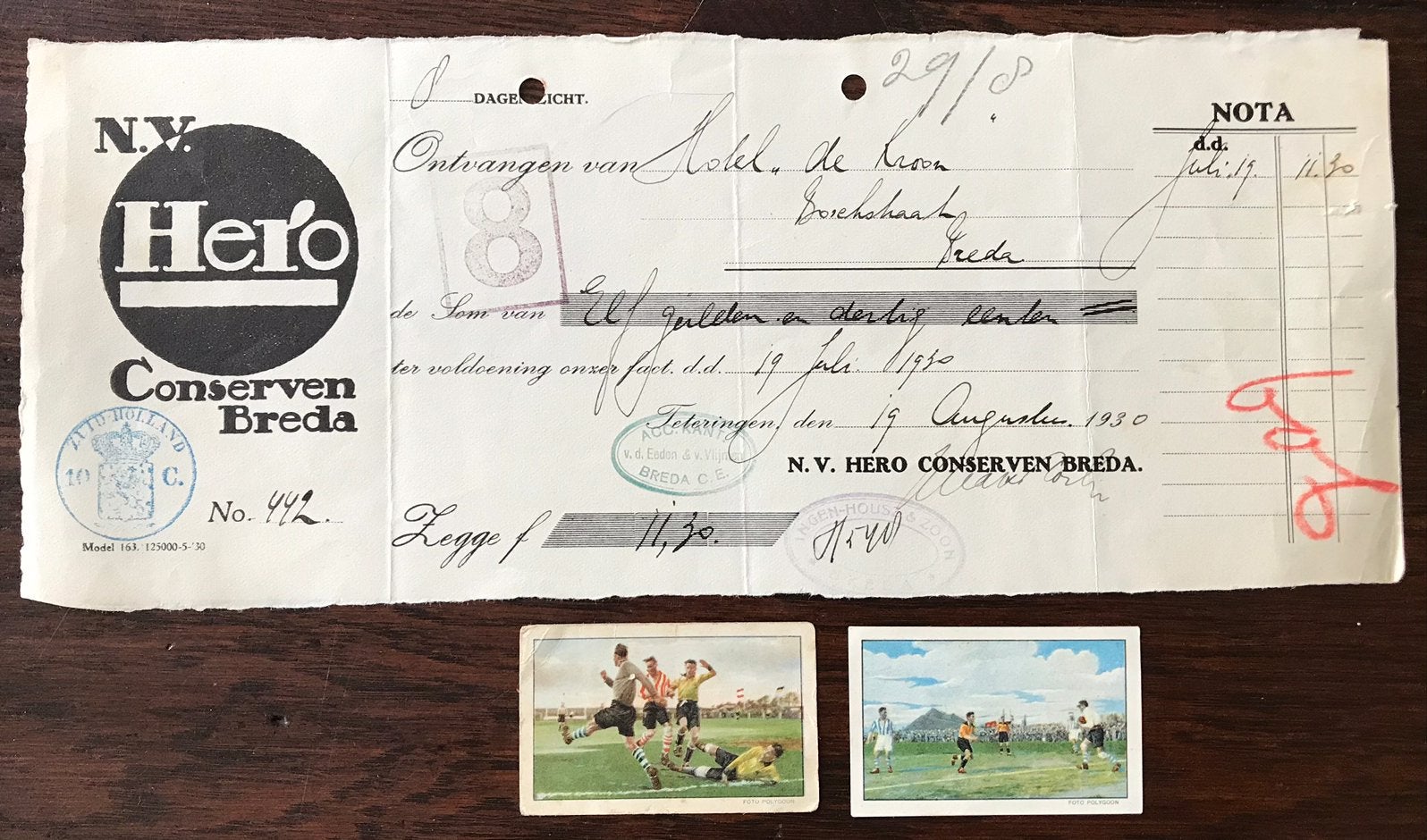 Oude Rekening HERO Breda 1930 en 2 Voetbal HERO PLAATJES, Verzamelen, Ophalen of Verzenden, Gebruikt, Overige typen