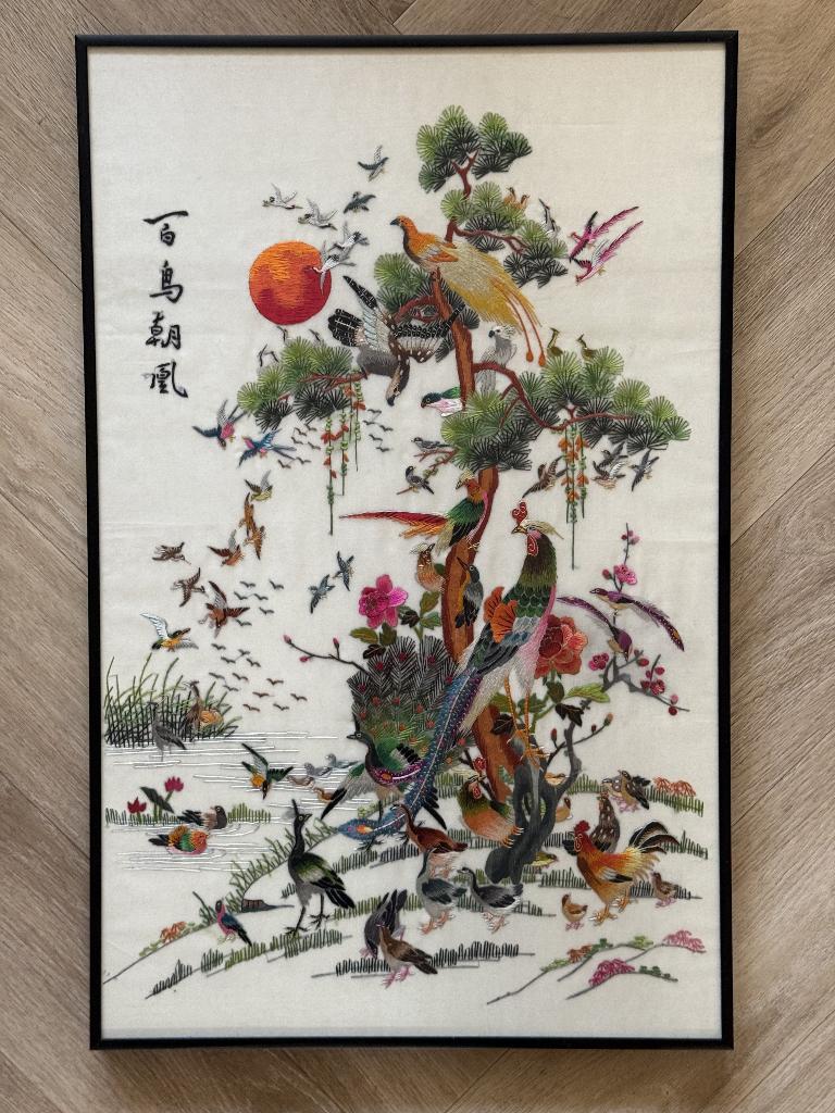 Chinees zijden borduurwerk – ingelijst – 59 x 38 cm, Antiek en Kunst, Ophalen