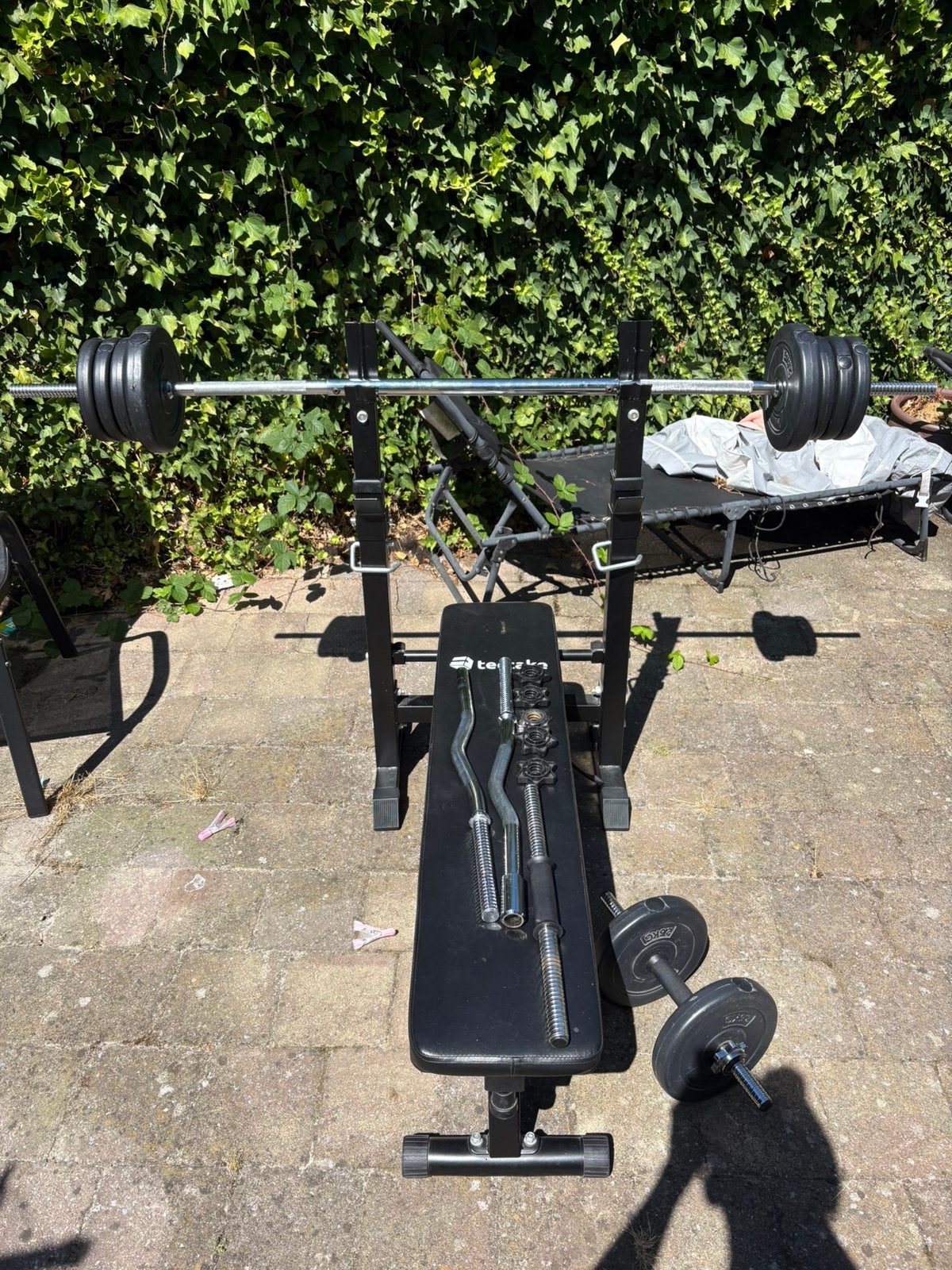 Complete home gym set benchpress gewichten stang diphandle, Ophalen of Verzenden, Gebruikt