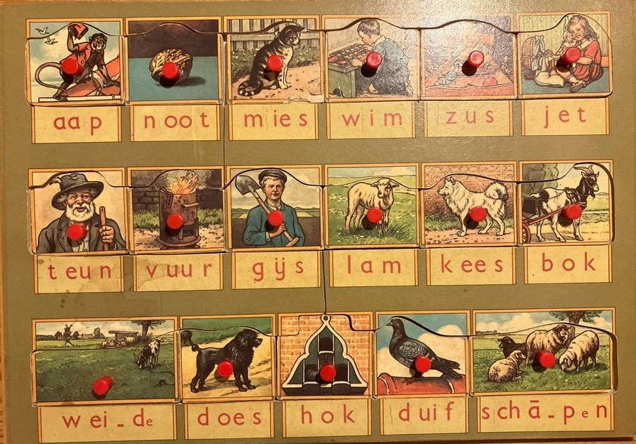 Vintage houten Leesplankje aap noot mies - Educatief speelgo, Ophalen of Verzenden, Gebruikt, Taal en Lezen