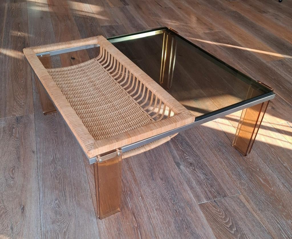 Vintage Chrome, Lucite, Rattan & Smoked Glass Koffietafel, Huis en Inrichting, Ophalen, Zo goed als nieuw, Vierkant, Glas