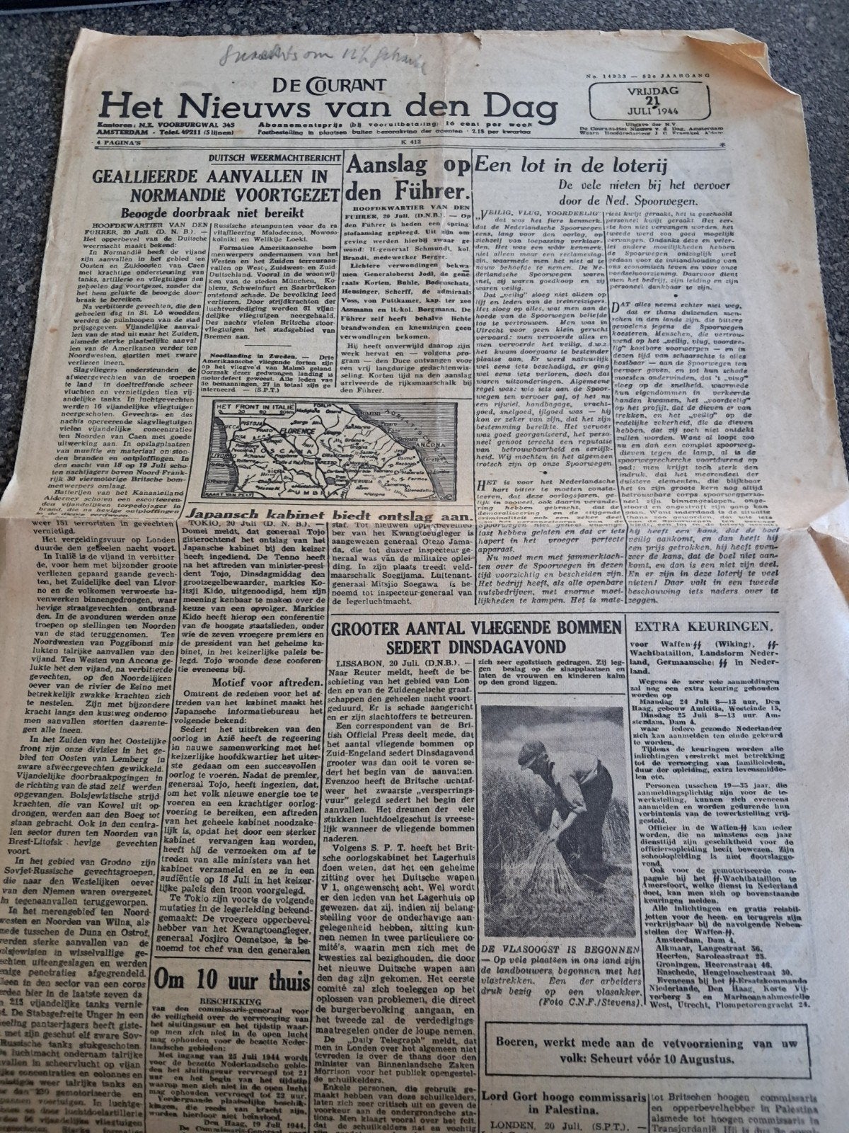 De Courant Het Nieuws van den Dag - 21 juli 1944, Ophalen of Verzenden, Gelezen, Krant