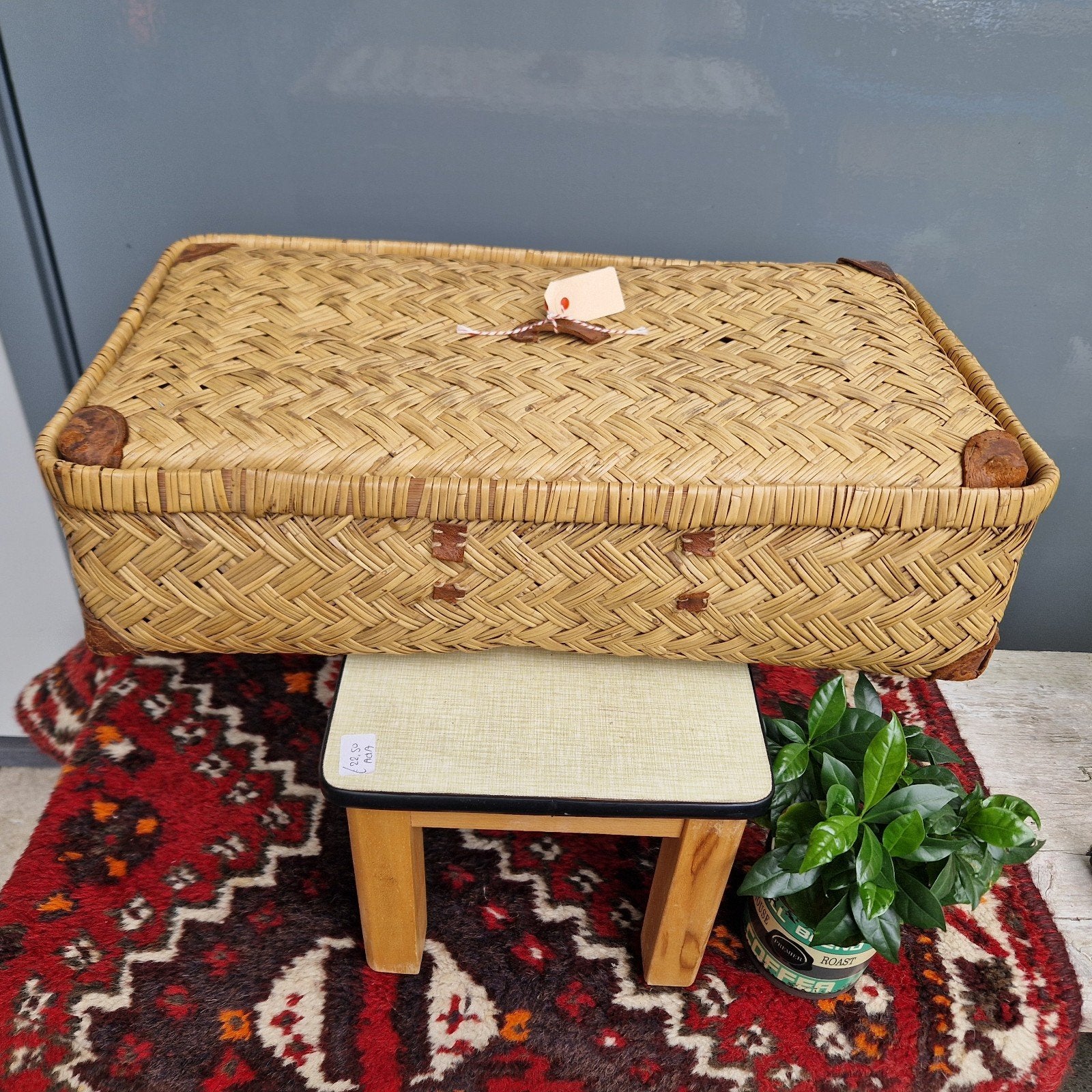 Vintage rieten koffer/opbergmand met lederen details, Ophalen of Verzenden