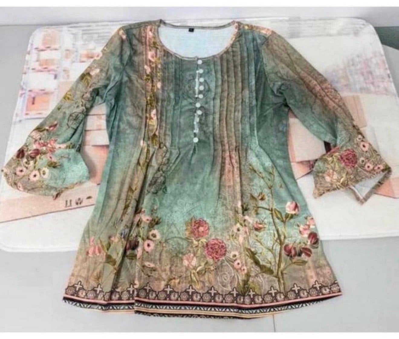 Vrouwen Blouse zomers Bloemenprint V-hals Drie-kwart Mouw L, L, Blauw, Maat 42/44 (L), Nieuw