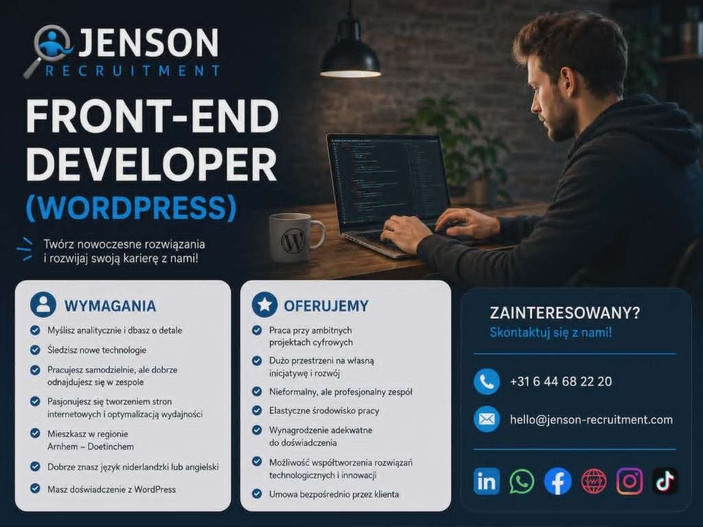 Programista frontend developer WordPress, Vacatures, 33 - 40 uur, MBO, Starter, Vast contract