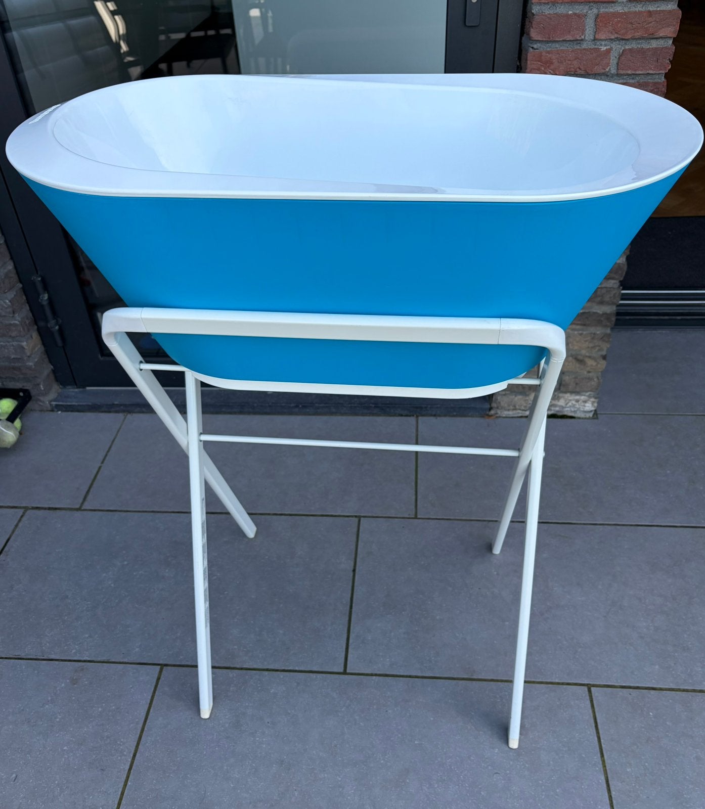 Hoppop babybadje blauw met standaard zgan!, Gebruikt, Badje, Standaard, Ophalen