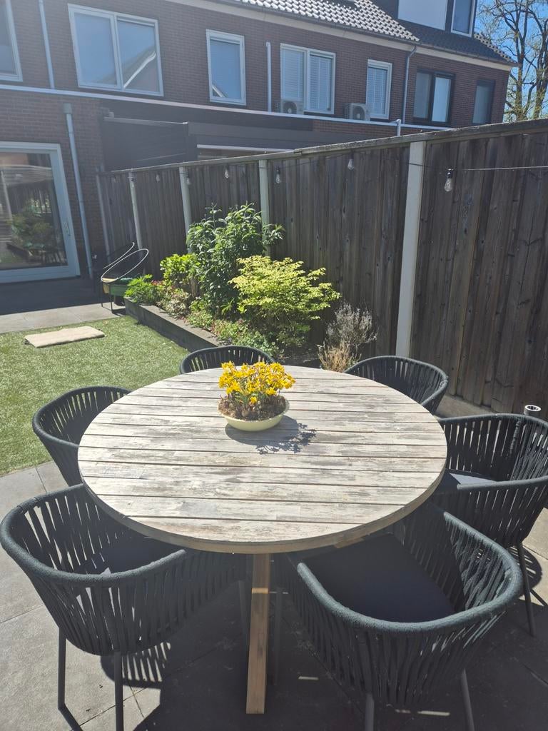 Tuinset ronde tafel en 6 stoelen, Tuin en Terras, Tuinsets en Loungesets, Ophalen, Gebruikt, Hardhout, 6 zitplaatsen