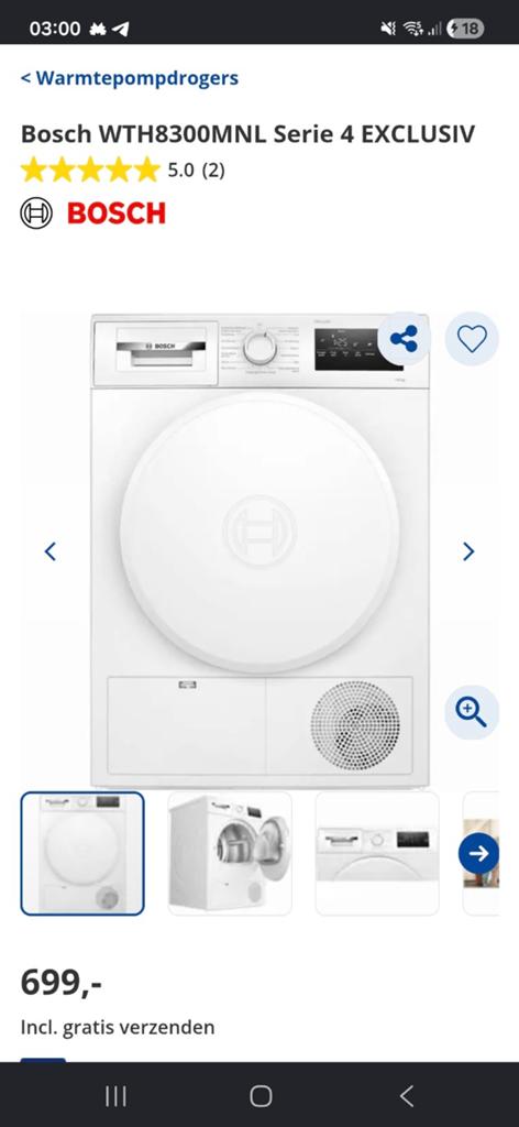 Bosch WTH8300MNL Serie 4 EXCLUSIV Warmtepompdroger, Ophalen