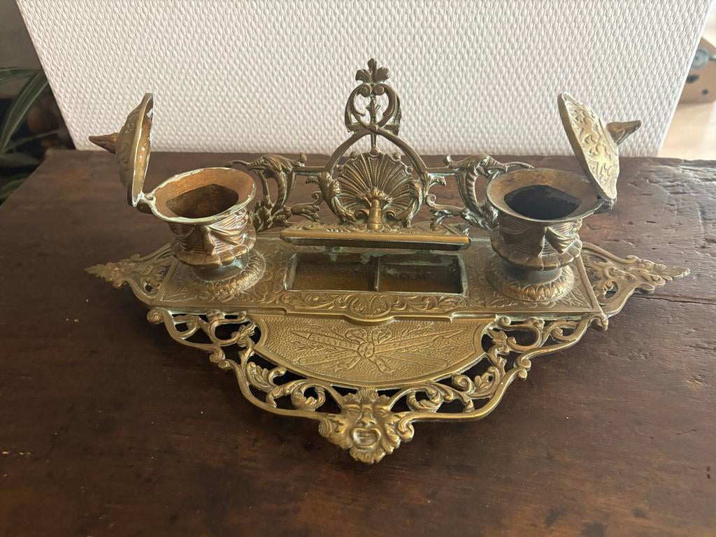Antieke Rococo Inktpotstandaard - Messing, Ophalen of Verzenden