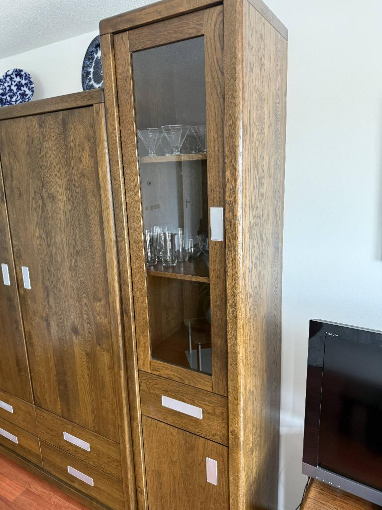 Smalle landelijke vitrinekast, Huis en Inrichting, Kasten | Vitrinekasten, Ophalen, Gebruikt, Met deur(en), 200 cm of meer