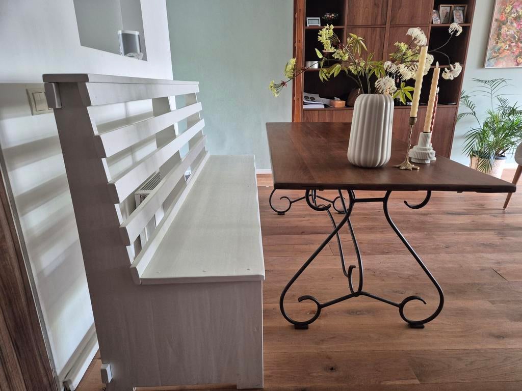 Zitbank eettafel, 210 cm, Ad van der Schoot, recent gelakt, Ophalen, Overige kleuren, Zo goed als nieuw, Vijf, Zes of meer stoelen
