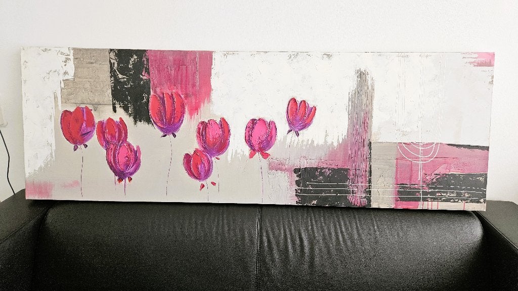 Tulpen bloemen abstract kunst, mooie canvas schilderij, Ophalen, 50 – 75, Gebruikt, 125 cm of meer
