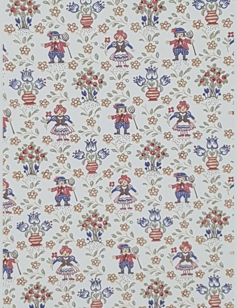 13995 behang folklore poppetjes retro kleurrijk dessin swiet, Ophalen of Verzenden, Minder dan 10 m², Blauw