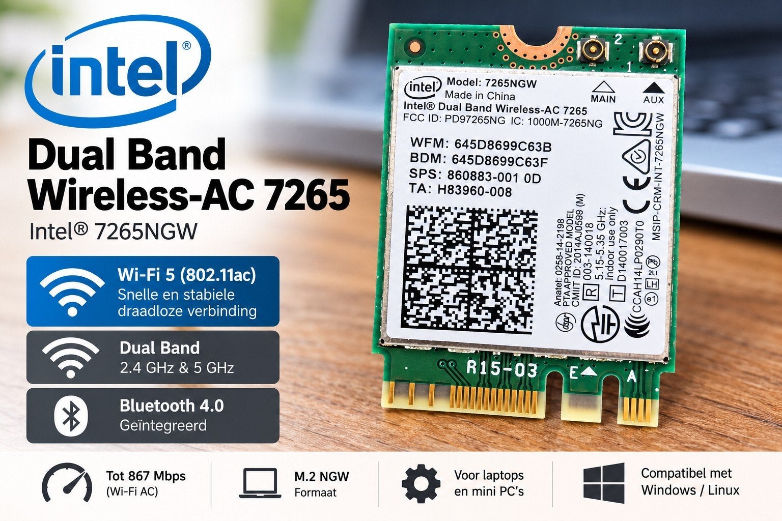 Intel Dual Band AC 7265 WiFi Bluetooth kaart + antennes, Ophalen of Verzenden, Gebruikt, Intern, Intel