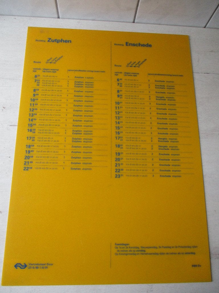 Vertrekstaat Goor 1990-1991 Lijn Zutphen  - Enschede, Verzamelen, Ophalen, Zo goed als nieuw, Trein, Overige typen