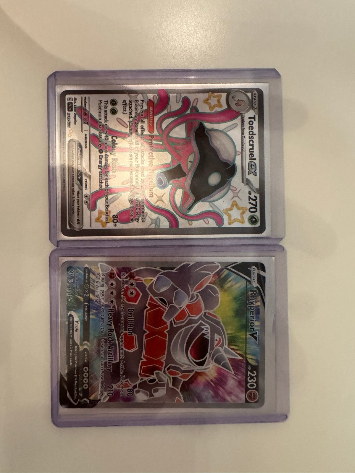 Pokémon kaarten: Toedscruel ex en Rhyperior V, Ophalen of Verzenden, Zo goed als nieuw, Meerdere kaarten, Foil