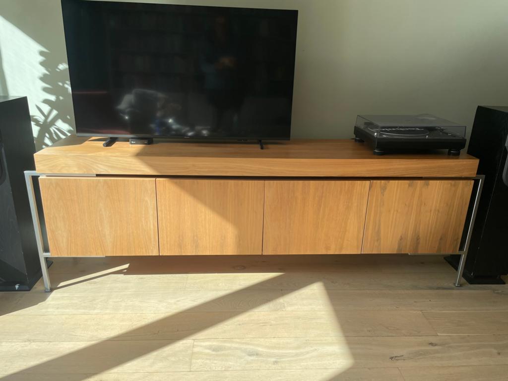 Design dressoir TV/ audio meubel noten fineer/ aluminium, Ophalen, Gebruikt, 200 cm of meer, Minder dan 100 cm