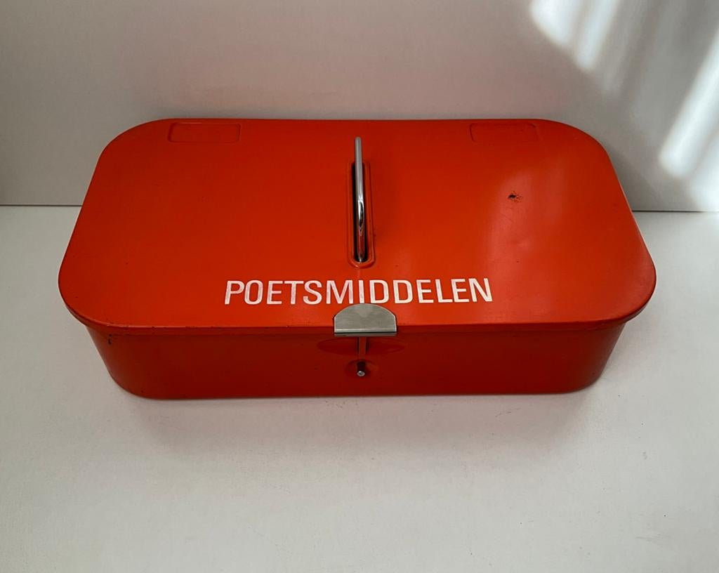Emaille poetsmiddelendoos in ene oranje kleur, Ophalen