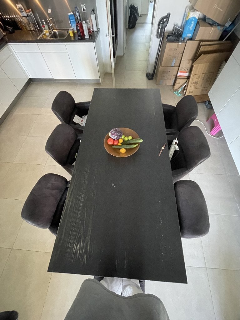 Gratis ophalen houten eettafel en/of 6 stoelen, Ophalen, Gebruikt, Hout zwart, -