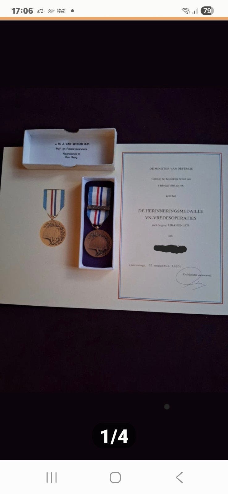 Orgieneelle libanon vn medaille met setevicaat., Verzenden, Landmacht, Nederland, Lintje, Medaille of Wings
