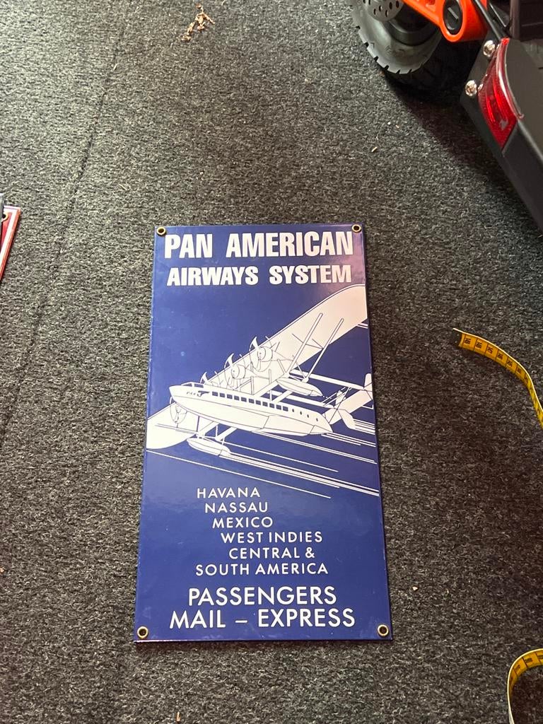 Emaille reclamebord Pan American Airways vliegtuig 38x19cm, Ophalen of Verzenden