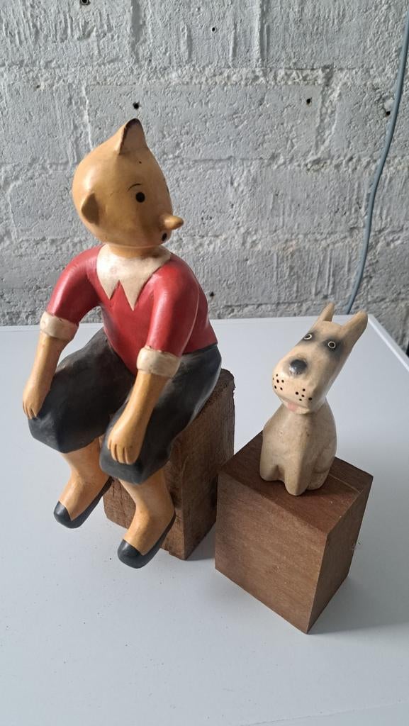 Handgesneden houten beeld Kuifje en Bobbie, Ophalen, Kuifje, Beeldje of Figuurtje