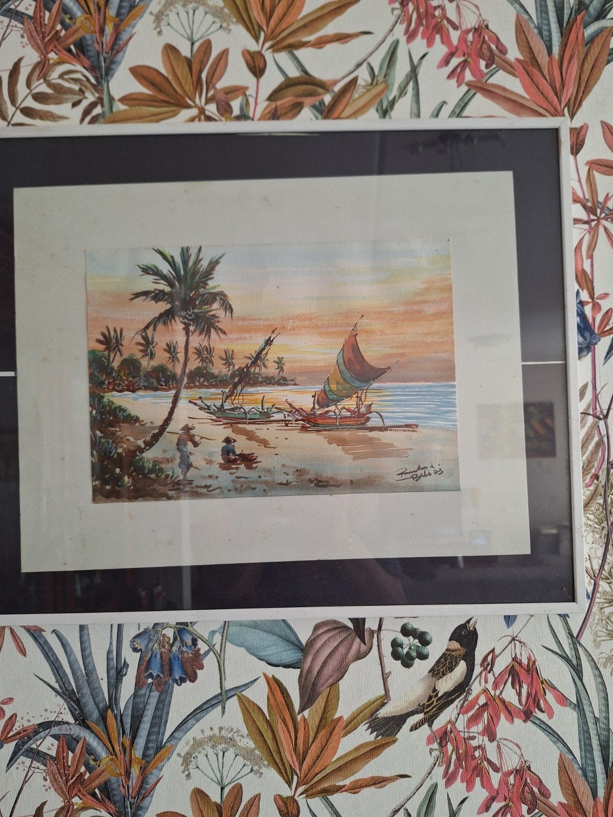 Schilderij Bali 2003 - Strandgezicht met boten en palmen, Maritiem / water, Realistisch, Ophalen of Verzenden, Aquarel