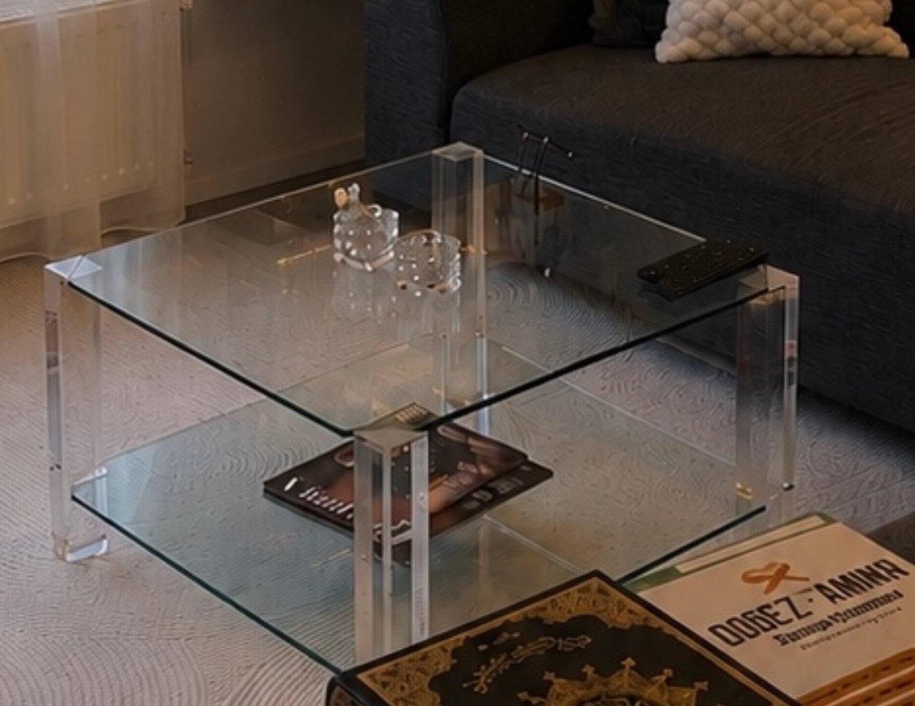 Moderne glazen salontafel met twee niveaus, Ophalen, Gebruikt, Vierkant, 50 tot 100 cm