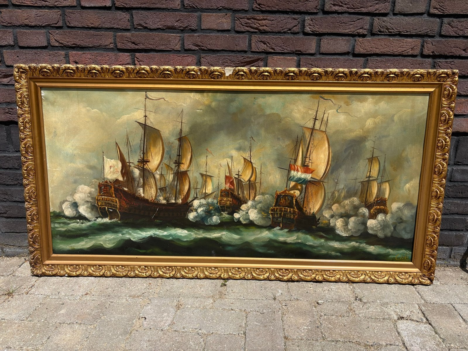 Zeeslag in Gouden Eeuw-stijl - Olieverfschilderij, Antiek en Kunst, Ophalen