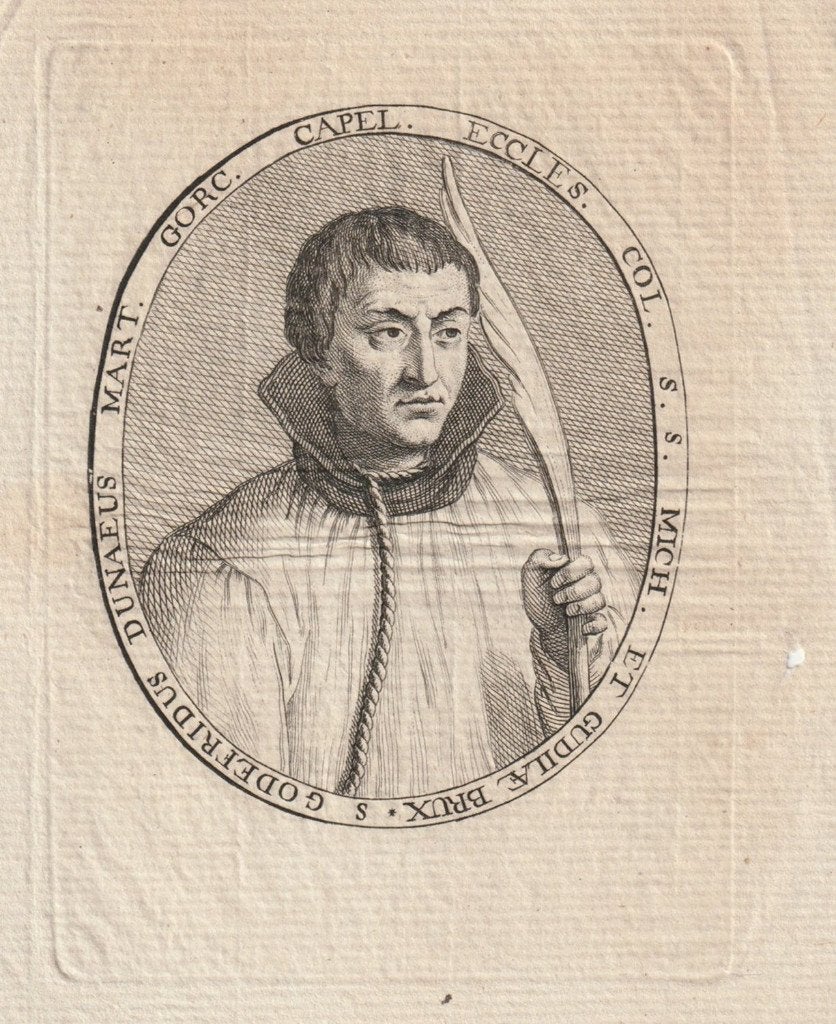 Antieke gravure Godfryd van Duynsen martelaren Gorkum, Verzenden, Portret, Gravure, Blanco verso