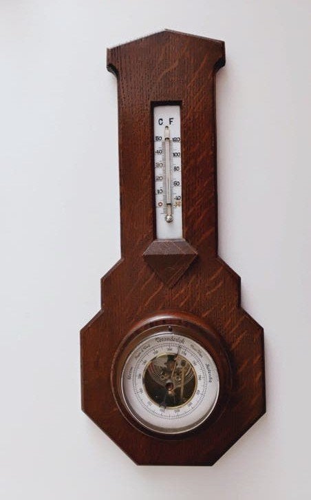 Antieke Barometer met Thermometer - Eikenhout, Ophalen of Verzenden, Gebruikt, Barometer